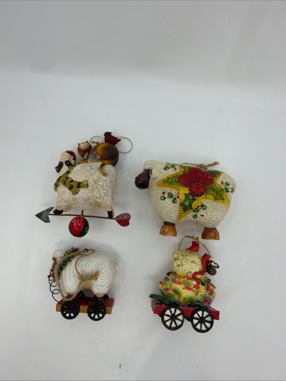 Lot Of 4 Barnyard Animal Ornaments Wooly Sheep Cat Birds Sheep On Wheels Farm